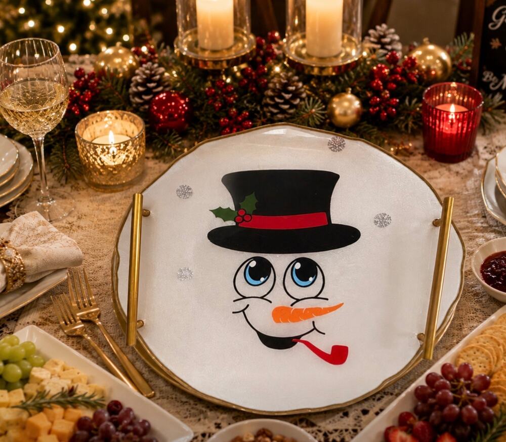 Handcrafted Festive Snowman Plate with Gold Accents